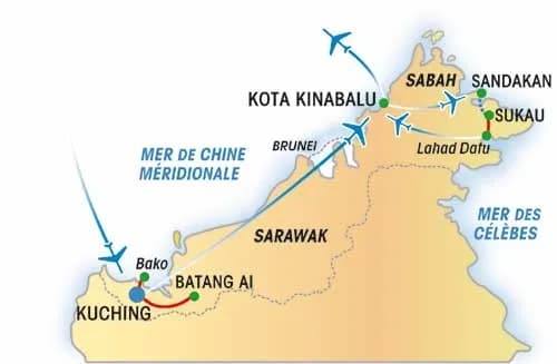 Borneo Sarawak et Sabah. — Carte du circuit